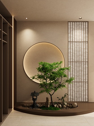 New Chinese Zen Landscape Small Cave Sky Moon Door Solid Wood Grille DuPont Paper Entrance 3d model