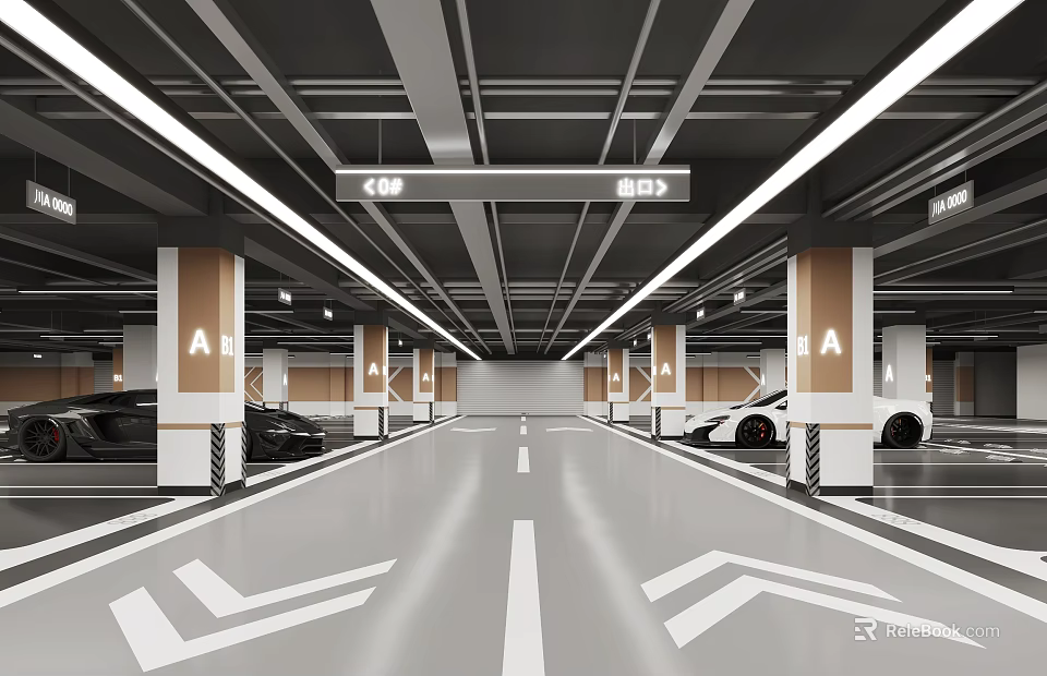 Modern Parking Garage Interior With Wide Driveway Directional Arrows And Illuminated Ceiling 3d model 