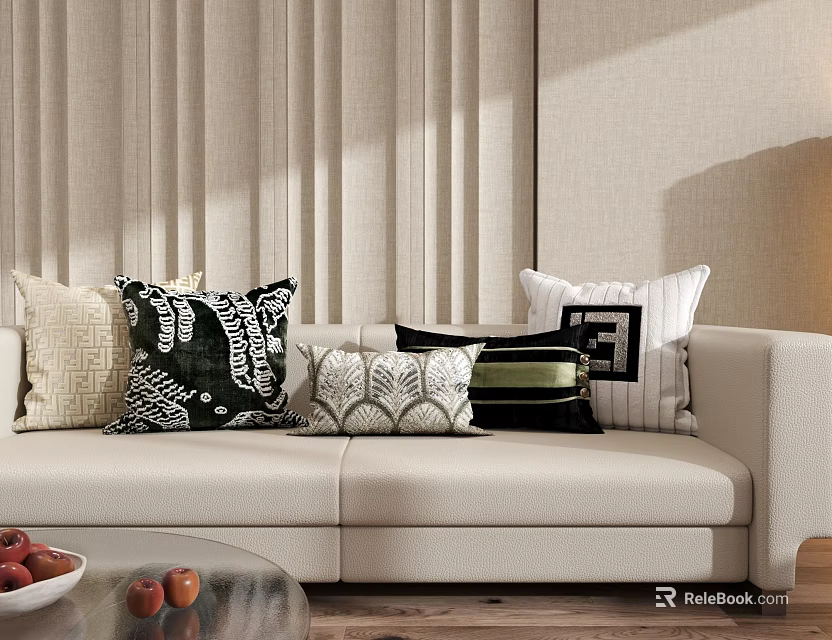 Decorative Throw Pillows With Various Patterns On Beige Living Room Sofa 3d model