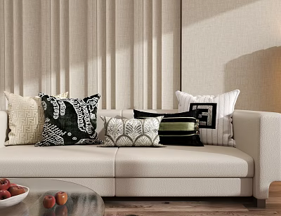 Decorative Throw Pillows With Various Patterns On Beige Living Room Sofa 3d model