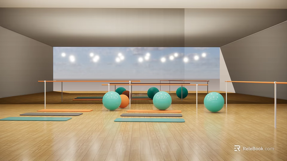 Fitness Studio Interior Featuring Barre Exercise Balls Yoga Mats On Wooden Floor And Bright Lighting 3d model 