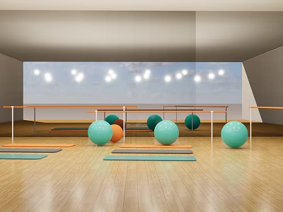 Fitness Studio Interior Featuring Barre Exercise Balls Yoga Mats On Wooden Floor And Bright Lighting 3d model