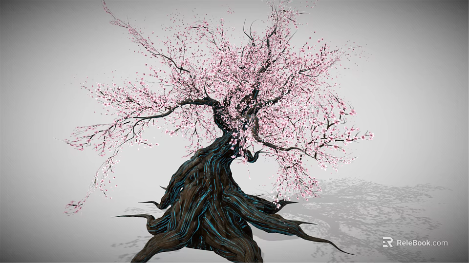 Ancient Tree With Thick Trunk And Twisted Roots Bearing Pink Flowers 3d model 