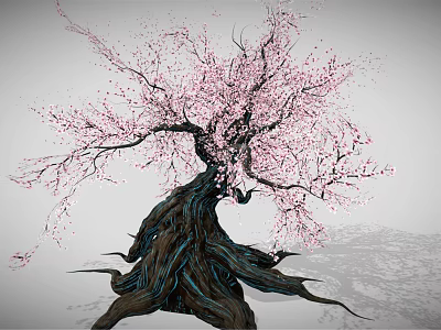 Ancient Tree With Thick Trunk And Twisted Roots Bearing Pink Flowers 3d model