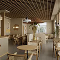 Tropical Restaurant Interior With Latticed Ceiling Thatched Umbrella Palm Tree Wicker Furniture And Large Windows