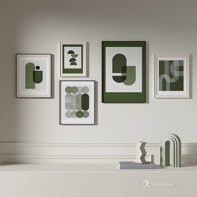 Modern Interior Wall Art With Geometric Patterns Green White Frames And Shelf Decor 3d model