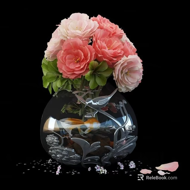 Transparent Glass Vase With Pink And Light Pink Peony Flowers And Green Leaves 3d model 