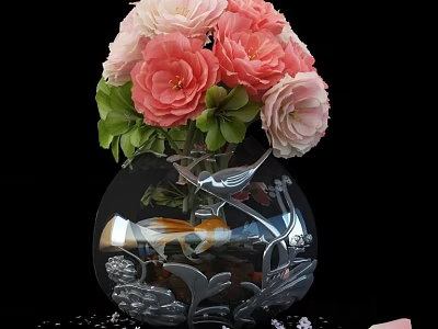 Transparent Glass Vase With Pink And Light Pink Peony Flowers And Green Leaves 3d model