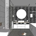 Modern Bathroom Interior With Round Mirror Glass Shower White Vanity And Tiled Walls