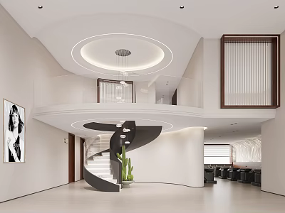 Modern Lobby With Spiral Staircase Circular Ceiling Art And Green Plant 3d model