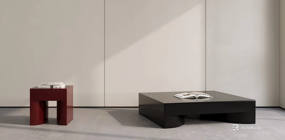 Black Modern Coffee Table With Open Book On Top Next To Red Side Table 3d model 