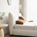 Modern Bedroom Interior With White Headboard Brown Cushions Lamp Side Table And Curtains