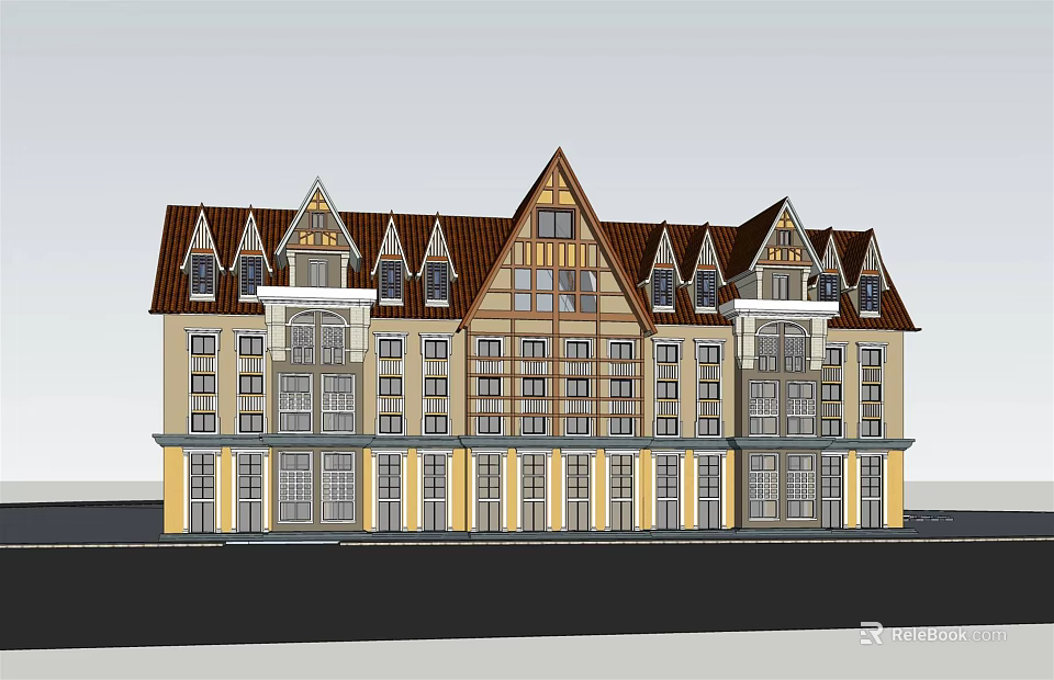 Classical Commercial Complex With Red Gabled Roofs And Yellow Beige Exterior 3d model 
