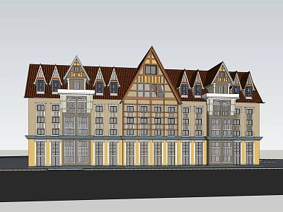 Classical Commercial Complex With Red Gabled Roofs And Yellow Beige Exterior 3d model