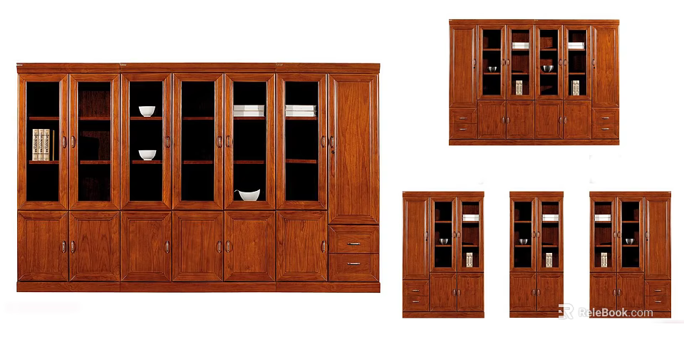 Combination Wooden Bookcase With Glass Doors Storage Cabinets And Drawers 3d model 