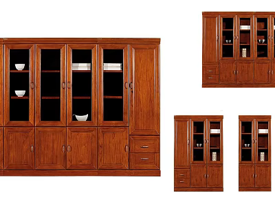 Combination Wooden Bookcase With Glass Doors Storage Cabinets And Drawers 3d model
