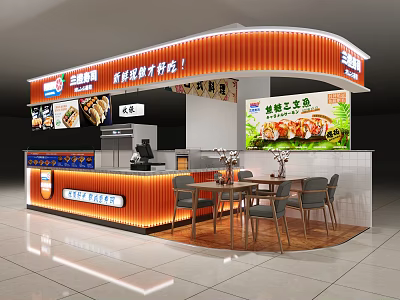Japanese Restaurant Interior Featuring Open Counter Dining Tables And Menu Posters 3d model