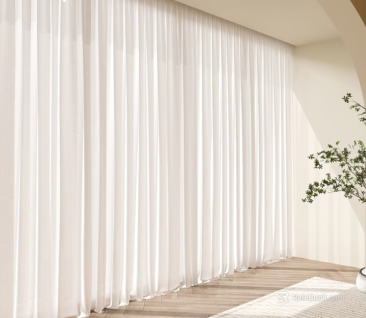 White Flowy Curtains In Modern Minimalist Interior With Natural Light Green Plant And Wooden Floor 3d model 