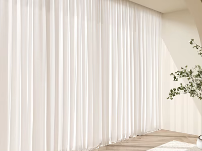 White Flowy Curtains In Modern Minimalist Interior With Natural Light Green Plant And Wooden Floor 3d model