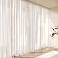 White Flowy Curtains In Modern Minimalist Interior With Natural Light Green Plant And Wooden Floor