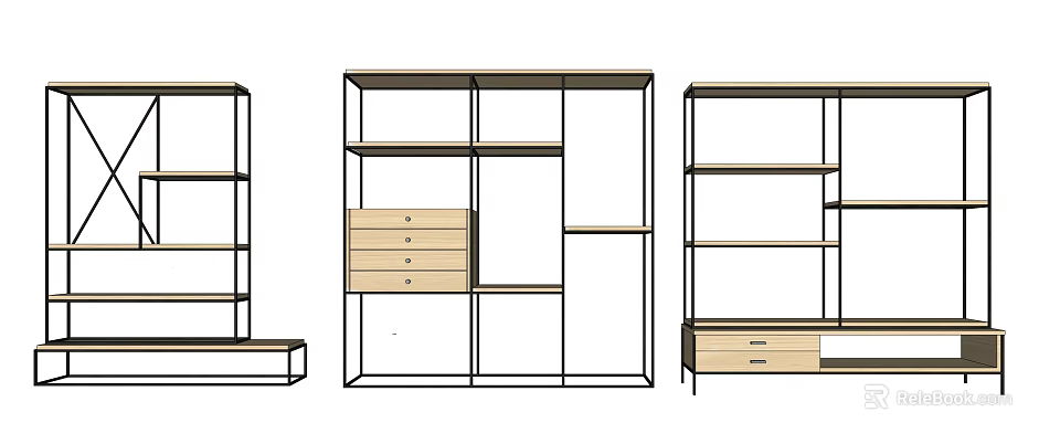 Minimalist Shelving Units With Open Shelves Wooden Drawers And Metal Frames 3d model 