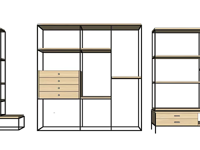 Minimalist Shelving Units With Open Shelves Wooden Drawers And Metal Frames 3d model