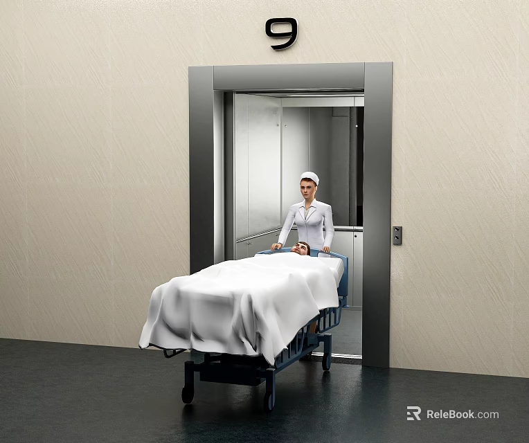 Hospital Elevator On Floor 9 With Nurse And Patient Stretcher Bed 3d model 