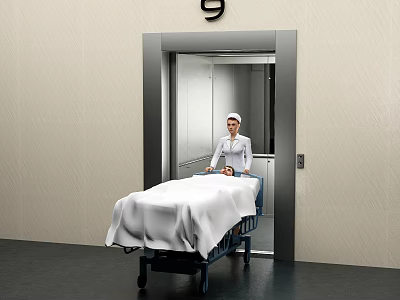 Hospital Elevator On Floor 9 With Nurse And Patient Stretcher Bed 3d model