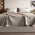 Modern Bedroom Interior With Wooden Slatted Wardrobes Striped Walls Pendant Lamp Bedside Lamps And Rug