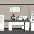 Commercial Equipment Setup With Service Desk Computer Printer Information Display And Large Monitor