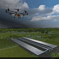 Scenic Rural Landscape With Flying Drone Vast Fields Greenhouse And White Clouds Sky
