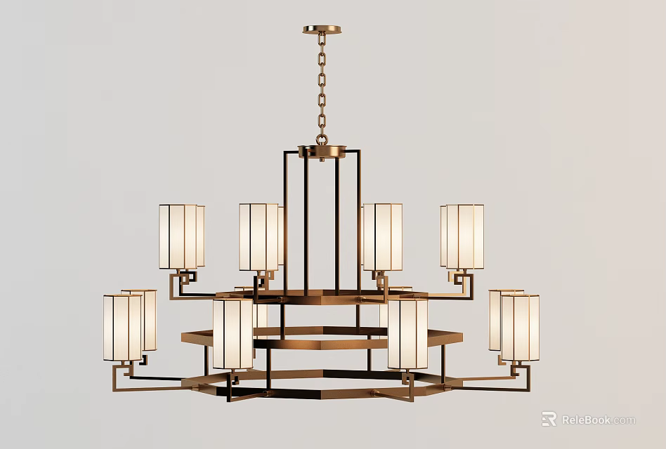 Modern Double Tier Chandelier With Brass Frame And Rectangular White Shades 3d model