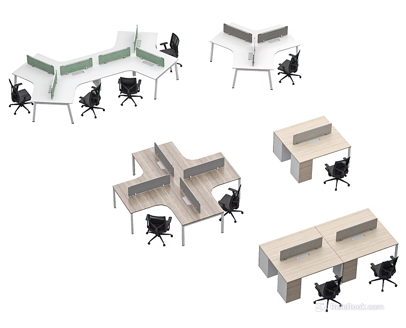 Different Modern Office Workstations With Dividers Various Layouts And Black Chairs 3d model