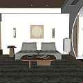 Natural Living Room Interior With Gray Sofa Wooden Coffee Table Decorative Painting And Wall Lamps