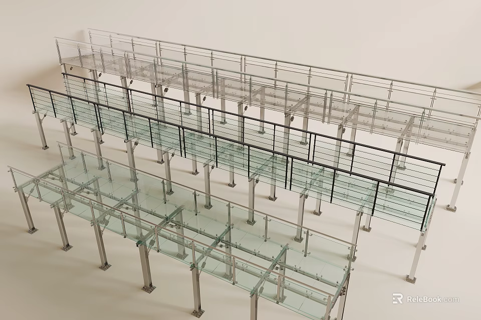 Modern Glass Boardwalk with Sturdy Metal Railings and Transparent Panels 3d model 