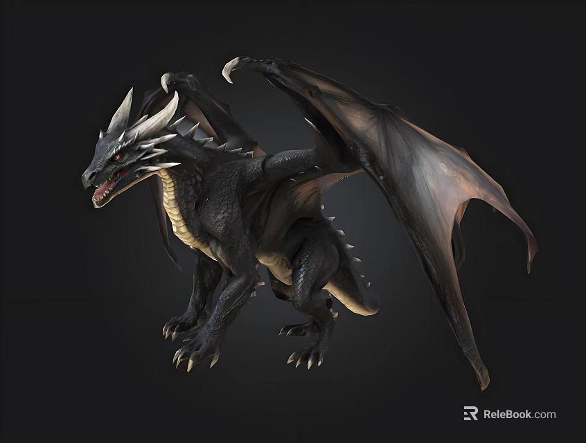 3D Black Dragon Model With Large Wings Sharp Horns And Scales 3d model