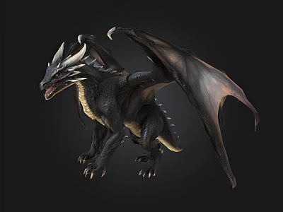 3D Black Dragon Model With Large Wings Sharp Horns And Scales 3d model