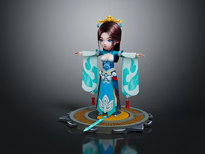 Game Movie Character Wearing Blue White Traditional Costume With Golden Headdress Base And Sword 3d model