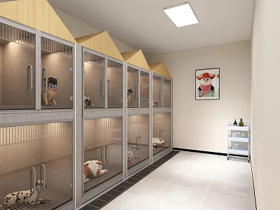 Indoor Pet Boarding Facility With Spacious Tile Floor Metal Cages Wooden Roofs And Dogs 3d model