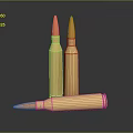 Weapon Ammunition Display With Three Golden Bullets Vertical And Lying Down On Dark Background