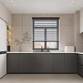 Modern Restaurant Interior with Dining Table Chairs White Cabinets Refrigerator Hanging Lights and Potted Plant