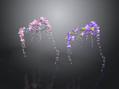 Hanging Pink And Purple Flowers With Long Trailing Blooms On Dark Background 3d model