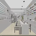 Bright Modern Beauty Hair Salon Interior With White Sofas Product Shelves And Chandeliers