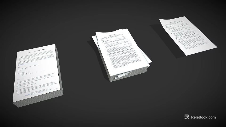White Papers Stacked on Black Background with Multiple Pages and Text 3d model 