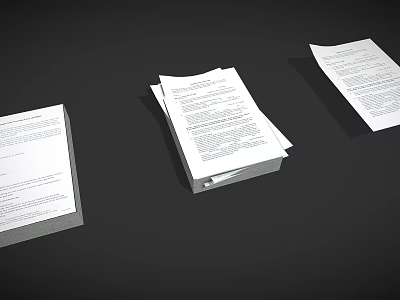White Papers Stacked on Black Background with Multiple Pages and Text 3d model