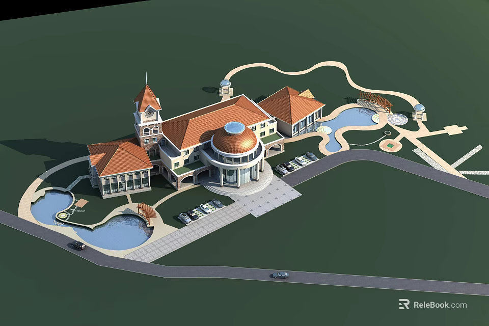 Elegant Hotel Building With Red Tiled Roofs Circular Dome And Surrounding Ponds Driveway Parking Area 3d model 
