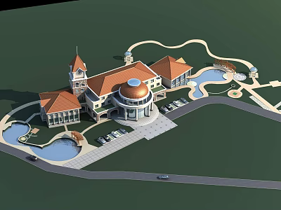 Elegant Hotel Building With Red Tiled Roofs Circular Dome And Surrounding Ponds Driveway Parking Area 3d model