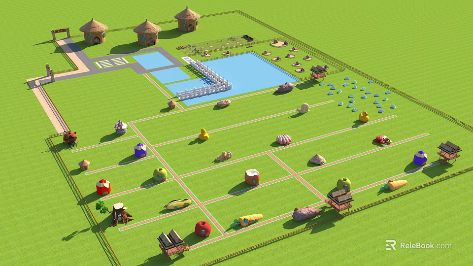 Scenic Landscape with Green Lawn Various Shaped Colored Huts Blue Pond and White Bridge 3d model 