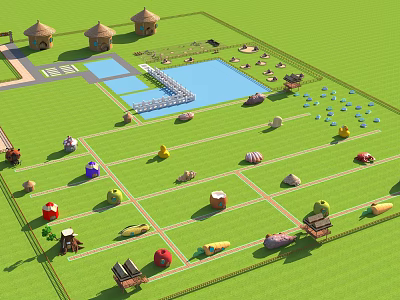 Scenic Landscape with Green Lawn Various Shaped Colored Huts Blue Pond and White Bridge 3d model