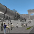 Industrial Facility Exterior With Large Metal Pipes And People Near Modern Structure